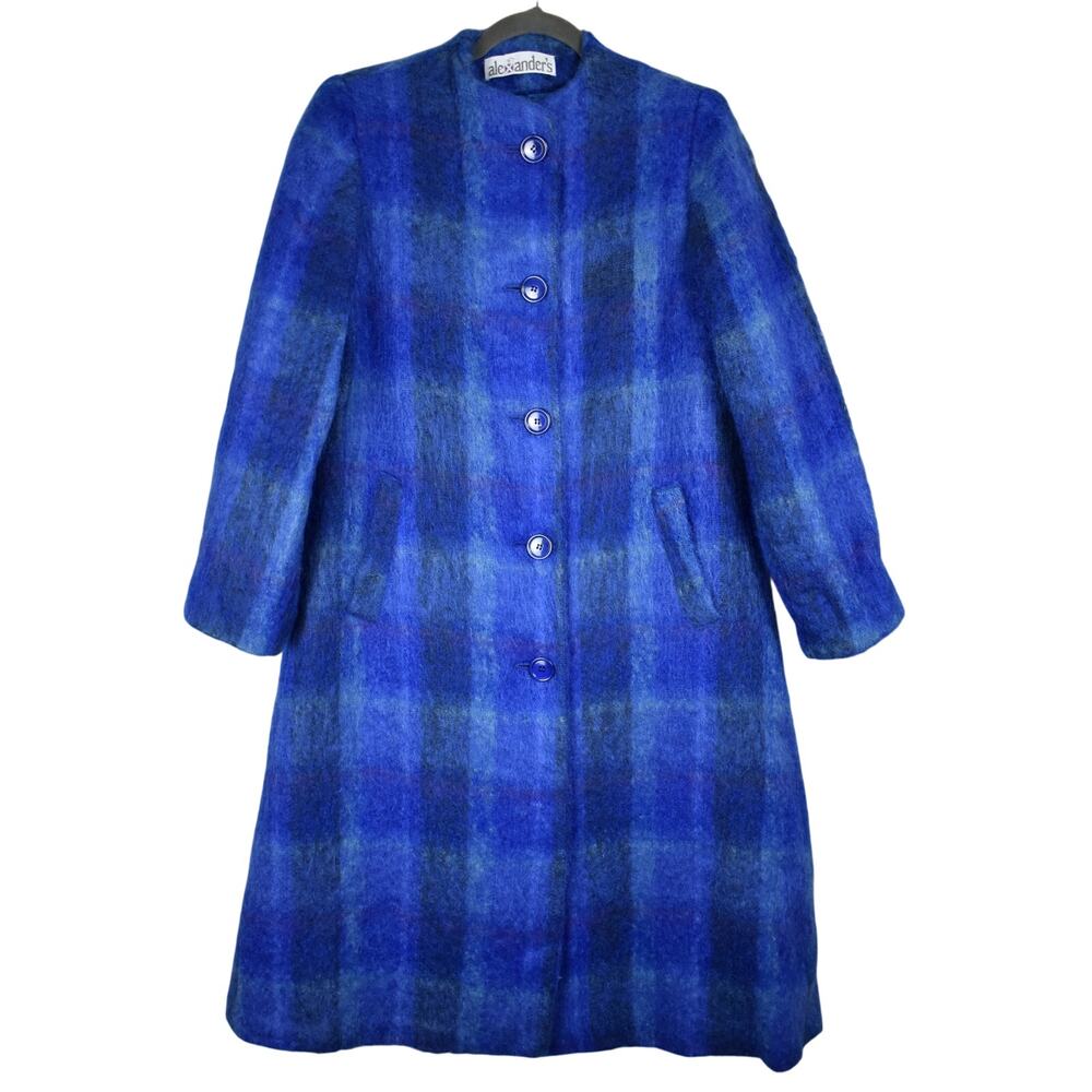 VTG 60s Plaid Coat Women's Medium Large Blue Fuzzy Long Winter Jacket Overcoat
